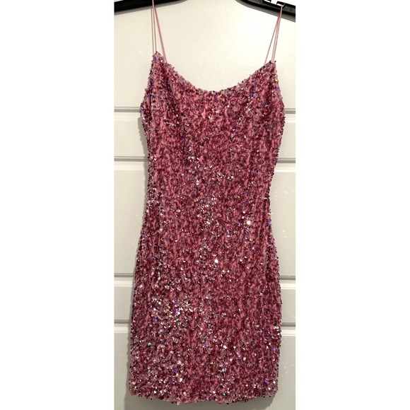 B Darlin Polyester Pink Sequin Slim Fit Mini Dress Thin Straps homecoming Sz 3/4 - Picture 2 of 6